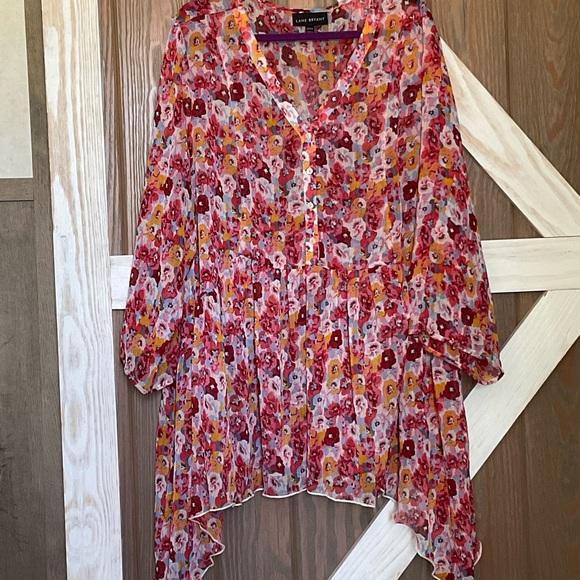 Lane Bryant Chiffon Baby Doll Pink & Red  Asymmetrical Tunic SIZE 22/25. P2P 28” - Picture 3 of 6